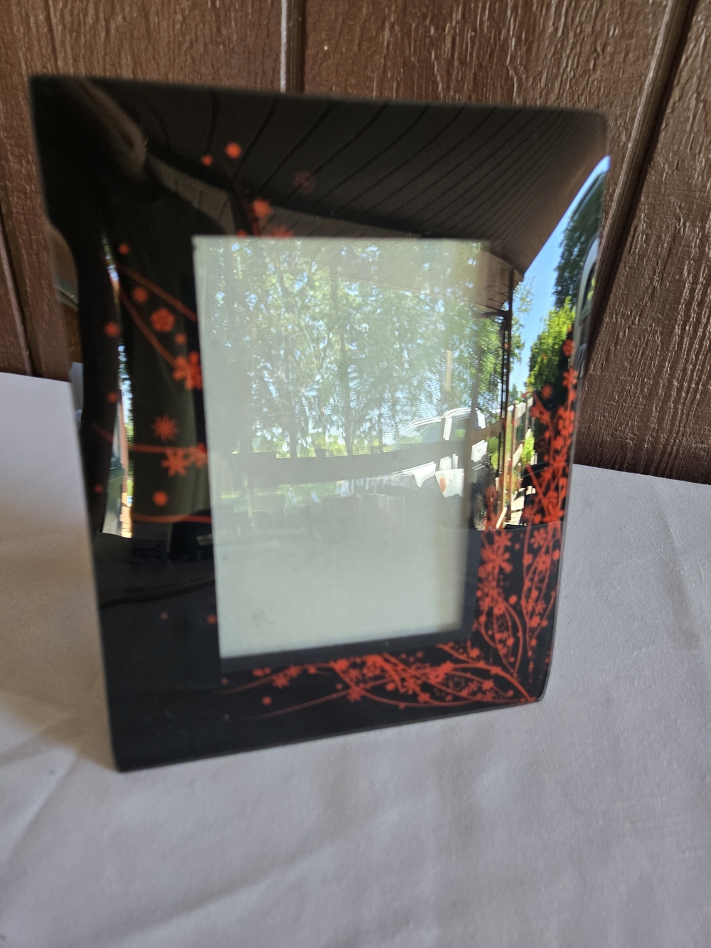 Sleek Beveled Photo Frame with Red Floral Vine Design On Black